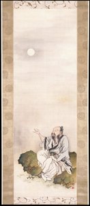 月を見る紳士（シルクにインクと色） 作： Nakabayashi Chikkei