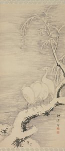 雪の中のサギ、ca。 1840。 作： Nakabayashi Chikuto