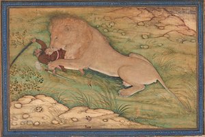 狩猟の危険、ライオンがハンターに襲い掛かる、c.1615（シルクに不透明なトイレ） 作： Nanha