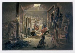 「マンダン酋長の小屋の内部」、1843 作： Narcisse Desmadryl