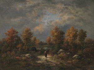 秋：1867年、ウッドランドポンド。 作： Narcisse Virgile Diaz de la Peña