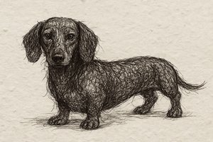 じっと見つめるダックスフンドの絵 作： 