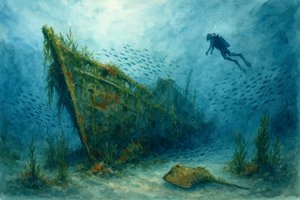 沈没船を探索するダイバー 作： 