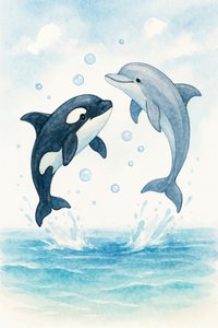 遊び心あふれるイルカとシャチ 作： 