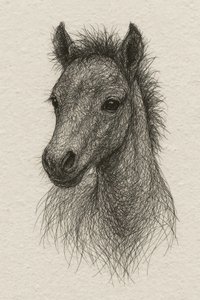毛むくじゃらの子馬の肖像画 作： 