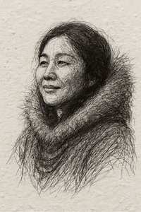 毛皮のコートを着た笑顔の女性 作： 