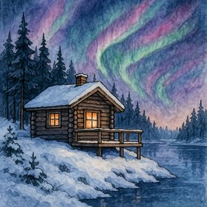 雪に覆われた山小屋とオーロラ 作： 