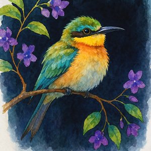 枝に止まる鮮やかな鳥 作： 