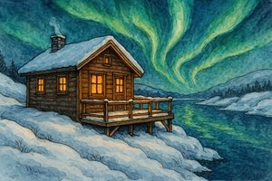 冬の山小屋とオーロラ 作： 