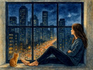 女性　猫　街　窓 作： Natalie Bruns