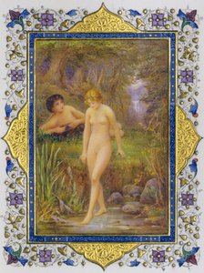 牧歌的なファンタジーの中に裸婦が描かれた、シェイクスピアのソネット集のイルミネーション・ページ。 作： Nathan Benn