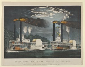ミシシッピ川のミッドナイト レース、1875 年、1875 年。作成者: ナサニエル カリアー、ジェームズ メリット アイヴス、カリアー アンド アイヴス。 作： Currier and Ives