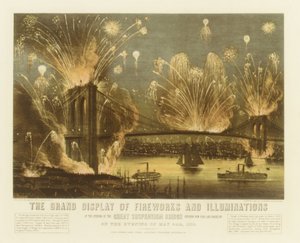 グレートサスペンションブリッジのオープニングでの花火とイルミネーションのグランドディスプレイ、1883年。作成者：ナサニエル・キュリアー、ジェームズ・メリット・アイヴス、キュリアーとアイヴス。 作： Currier and Ives