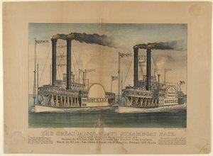グレート ミシシッピ蒸気ボート レース - ニューオーリンズからセントルイスまで、1870 年 7 月 - 1872 年から 1874 年の間。 作成者: ナサニエル カリアー、ジェームズ メリット アイヴス、カリアー アンド アイヴス。 作： Currier and Ives