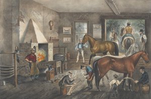 1869 年、鍛冶場で速歩するクラック。作成者: ナサニエル・カリアー、ジェームズ・メリット・アイヴス、カリアーとアイヴス。 作： Currier and Ives