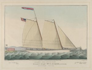 1846年2月9日、イギリスに向けて出発するパイロットボート・ウィリアム・J・ローマー号、マクガイア船長（手彩色リトグラフ 作： Nathaniel Currier