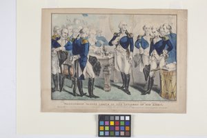 ワシントンは彼の軍隊の将校の休暇を取る (手描きのリトグラフ) 作： Nathaniel Currier
