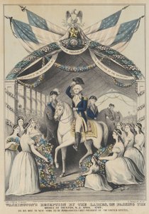1789 年 4 月、ニュージャージー州トレントンの橋を渡った婦人たちによるワシントンのレセプション、1845 年。 作： Nathaniel Currier