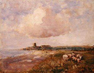 少年と牛のいるアイルランドの海岸風景」（油彩・キャンバス） 作： Nathaniel Hone
