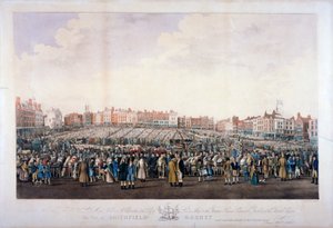 スミスフィールド マーケット、ウェスト スミスフィールド、シティ オブ ロンドン、c1825。 作： Nathaniel Whittock