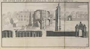 1729年に見られるホールデンビーハウスと遺跡の南側の景色 作： Nathaniel and Samuel Buck