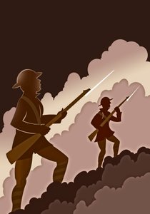 銃剣を持つ第一次世界大戦の兵士 - 塹壕から出てくる 作： Neale Osborne