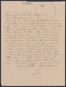 1909 年 11 月 16 日のネルソン ジョーダンからジュリア ウォマックへの封筒付きの手紙。 作： Nelson Jordan