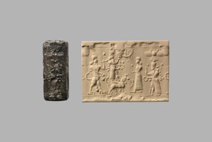サソリ男と現代人の印象が描かれた円筒印章 前8～7世紀頃 (石英、隠微晶) 作： Neo Assyrian