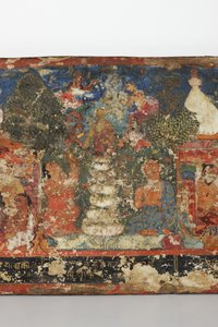 仏教の写本の表紙からの詳細（木の上の不透明な水彩画） 作： Nepalese School