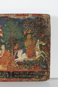 仏教の写本の表紙からの詳細（木の上の不透明な水彩画） 作： Nepalese School