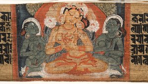 フォリオ2r女神Prajnaparamita、Astasahasrika Prajnaparamita（ヤシの葉と木のインクと色）（430760の詳細） 作： Nepalese School