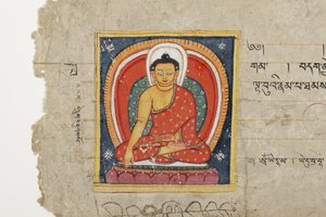 仏教の写本からのページ、おそらくマハシタラニカからのページ、c.1400（不透明な水彩画と紙にインク） 作： Nepalese School