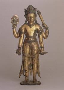 ヒンドゥー教のヴィシュヌ神の彫像、1200年頃（高銅製ブロンズ、インサイジング、金箔、宝石、彩色済み