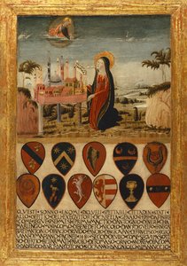 シエナの町をイエスに託す聖母マリア 作： Neroccio di (1447 1500) Landi
