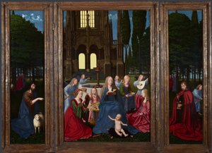庭に聖人と天使を持つ聖母子c。 1500 作： Netherlandish Master