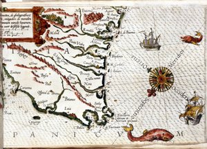 Luca J. Waghenaer tresoor de zeevaert, Leiden 1592のポーチュランに倣ってフィニステール岬を描いたもの。 作： Netherlandish School