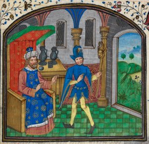 ハーレー 3000、f.189 マイルドメイ マスターによる時間の本からの彼のマスターとの愚か者、c.1460-70 (ベラム) 作： Netherlandish School