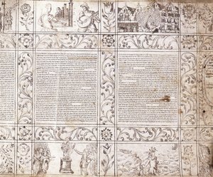 17世紀、オランダの生活と花のカルトゥーシュが描かれた聖書の場面を示した、セファルディ文字で書かれた写本