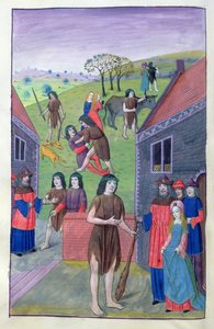 Ms 324 f.91 v。HerculesがAchelousと戦い、角で雄牛を奪う、1479 作： Netherlandish School