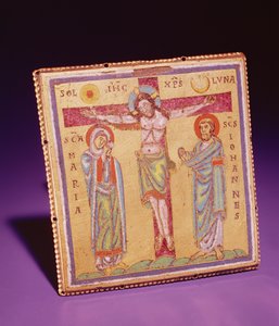 はりつけのプラークc.1150-75（シャンプーヴ＆七宝エナメル、銅合金＆金箔）
