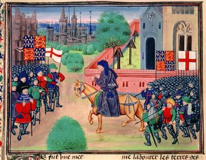 Roy 18 E I f.165vイングランドとセントジョージの旗を示す農民の反乱、ジョン・ボールが反乱軍を率いる様子、「Chroniques de France et d