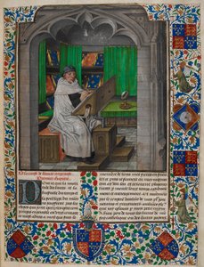 Royal 14 E. I f.3 Vincent de Beauvais がデスクで読書をしている、「Speculum Historiale, Book I」より、Vincent of Beauvais と Jean de Vignay (vellum) 作 作： Netherlandish School