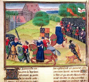 Royal 18 E.1、F.175 1381 年、ロンドンのスミスフィールドでのワット・タイラーの死、農民の反乱の最中、ジャン・フロワサール作「Chroniques de France et d
