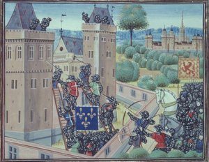 Royal 18 E.1 fol.345 フランスとスコットランドによるヴァルク城の占領、Jean Froissart (c.1333-1404) 著「Chroniques de France et d