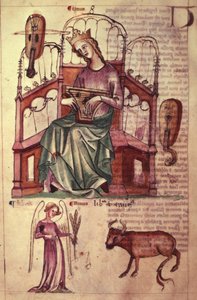 Sloane 3983 fol.42v 「The Book of Astrology」より、プサルテリーを演奏するヴィーナス (ベラム) 作： Netherlandish School