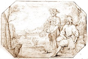 四季。1675年頃、紙にペンとセピアインクで描かれた「夏と刈り入れ 作： Netherlandish School