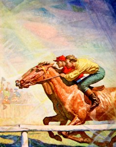 罵声を浴びせ、鞭を打ちながらウイニングポストに向かうジョッキー（カラーリトグラフ 作： Newell Convers (after) Wyeth