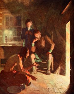 初期入植者の家で行われたインディアン・ロングソートの会合（カラーリトグラフ 作： Newell Convers (after) Wyeth