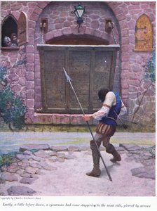 最後に、夜明けの少し前に、槍で穴を開けて槍を突き刺した槍兵、1916年 作： Newell Convers Wyeth