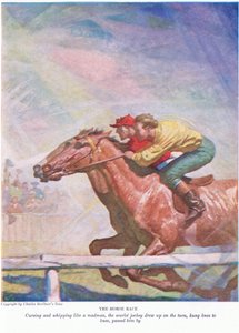 競馬：狂人のようにのろい、むち打ち、緋色の騎手がターンに立ち、膝をひざまずいて、1928 作： Newell Convers Wyeth
